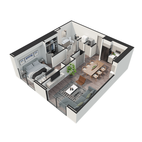 A 3D image of a modern apartment layout.